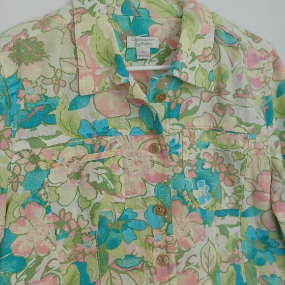 Christopher & Banks Linen Blend Jacket Pastel Floral Print Womens Medium - Picture 4 of 11